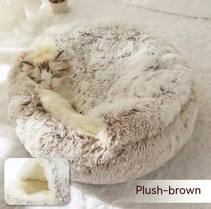 2 In 1 Dog And Cat Bed Pet Winter Bed Round Plush Warm Bed House Soft Long Plush  Pet Products